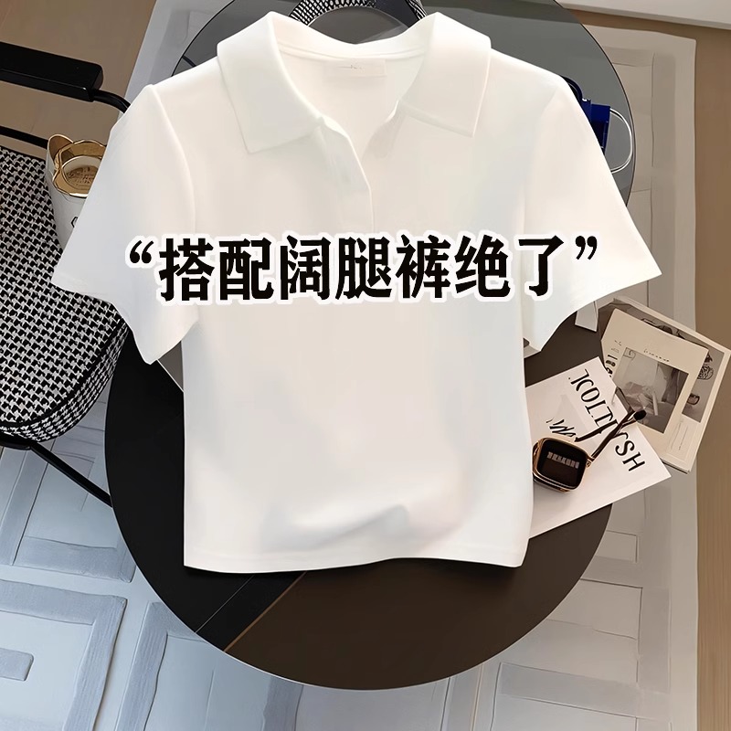 白色正肩短袖t恤女夏季薄款2025新款宽松显瘦polo领半袖体恤上衣