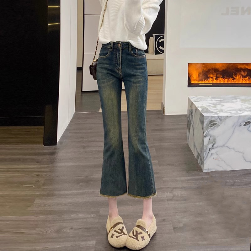 微喇牛仔裤女夏季2025年新款高腰显瘦复古小个子八分毛边喇叭裤子