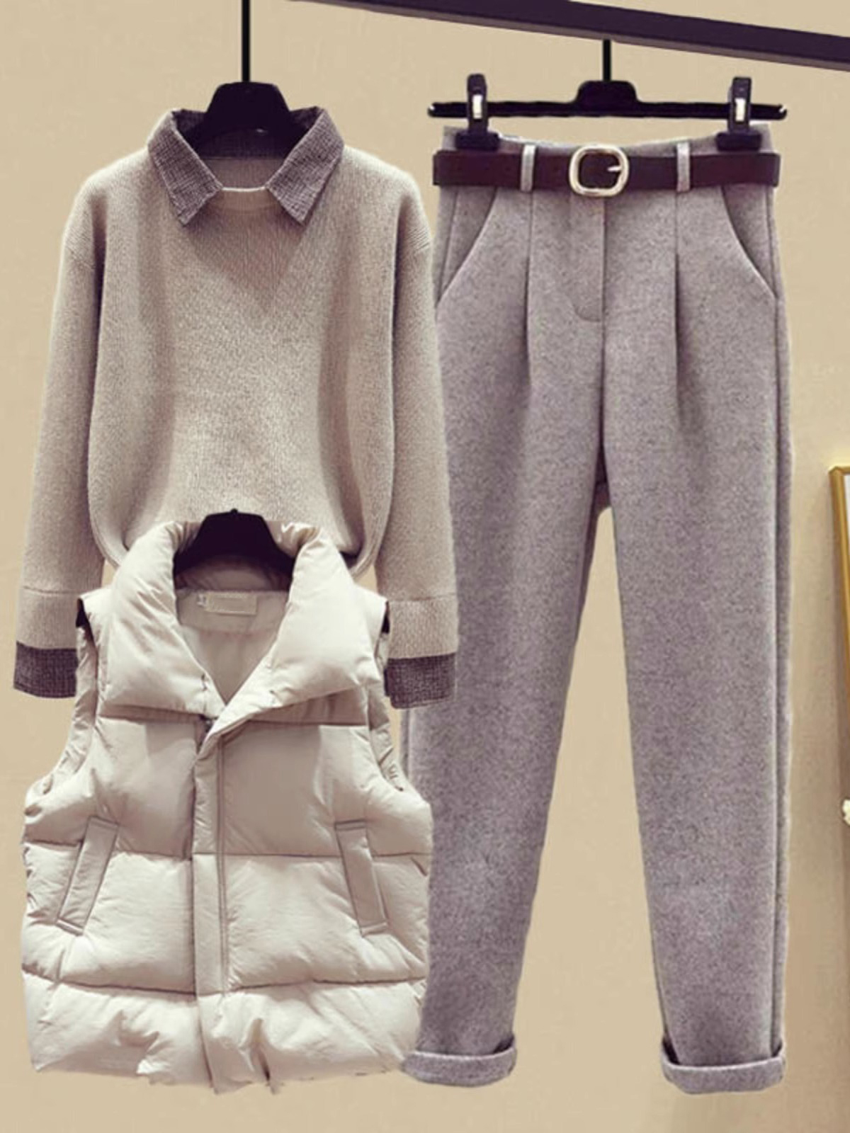 套装女秋冬2025新款时尚洋气大码胖mm加厚毛衣马甲休闲裤子三件套