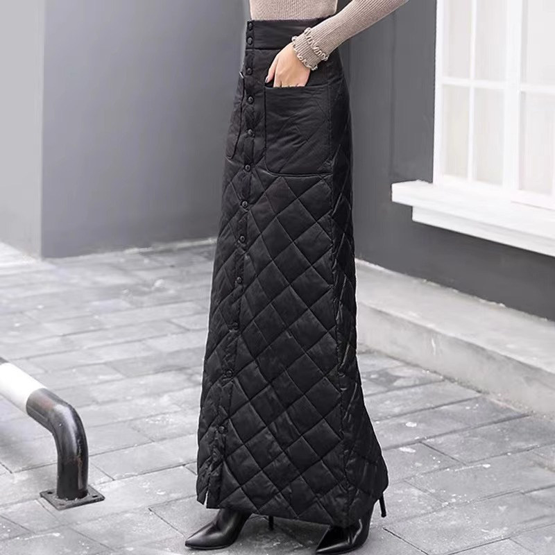 羽绒棉半身裙女冬季加厚2025新款高腰a字中长款一片式包臀一步裙
