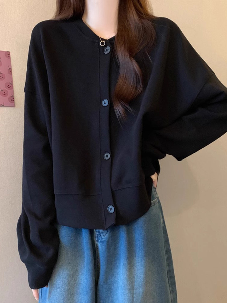 黑色运动衫女士春秋季薄2025新宽松大尺寸懒人风格开衫小的人