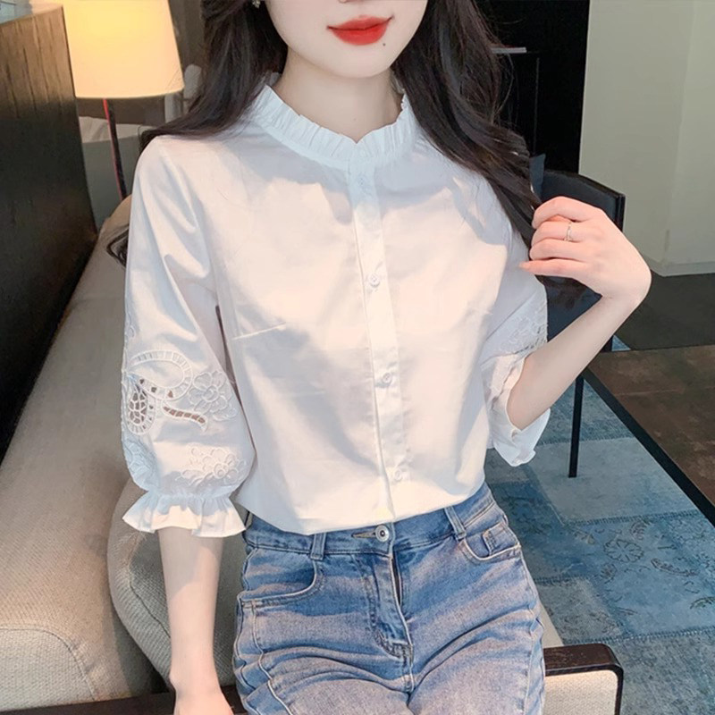 白色衬衫女夏季2026新款薄高级设计感减龄洋气七分泡泡袖衬衣上衣