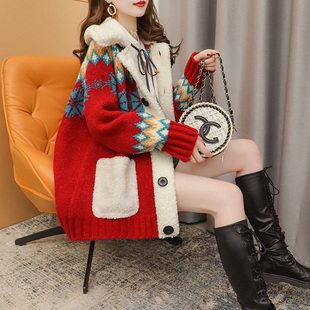 毛衣外套女开衫2025新款秋冬加厚彷羊羔毛宽松慵懒红色针织衫上衣