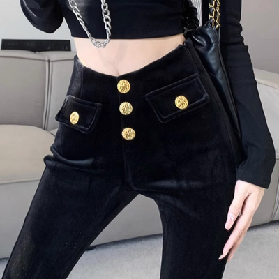 金丝绒微喇裤女春秋季2025新款高腰修身显瘦黑色休闲开叉喇叭裤子