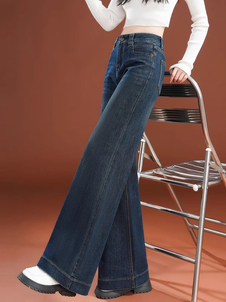 加绒牛仔裤女秋冬季2025年新款高腰垂感直筒宽松小个子拖地阔腿裤