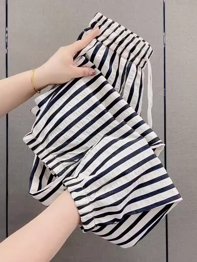 冰丝棉麻哈伦裤女夏季薄款2024新款高腰宽松小个子条纹休闲运动裤