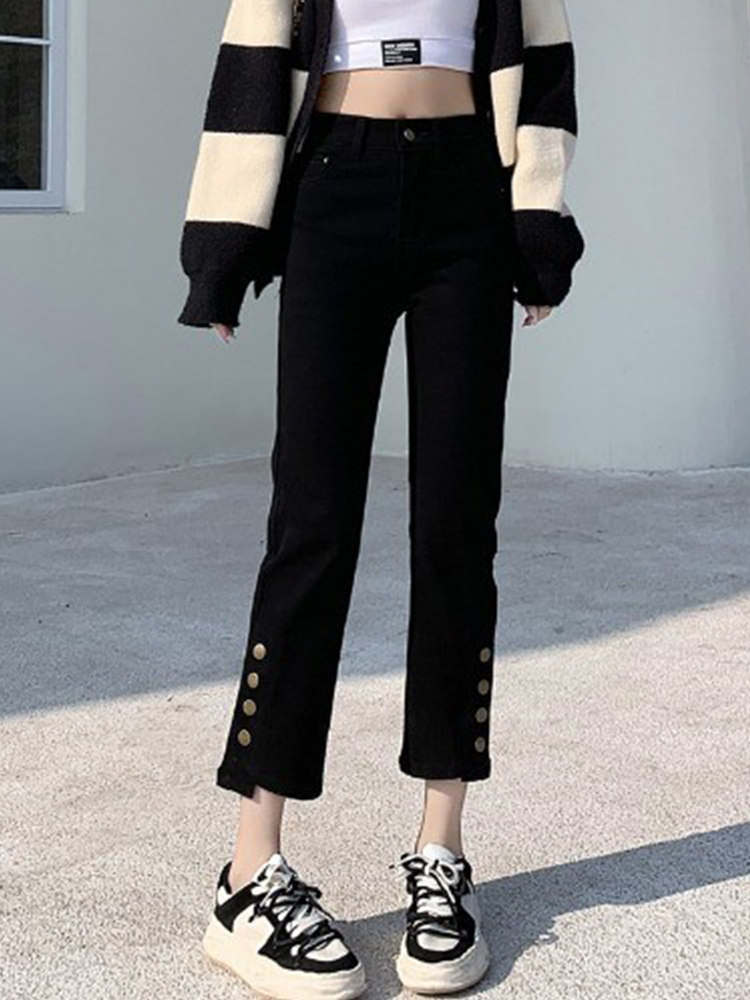 直筒牛仔裤女秋冬季2025年新款高腰显瘦小个子九分微喇叭烟管裤子