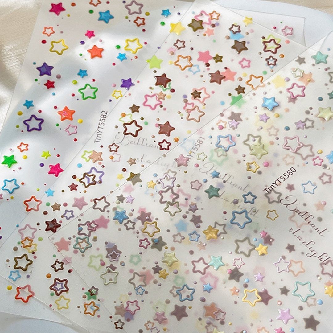 新款多巴胺马卡龙浮雕星星镭射镂空美甲彩色贴纸多彩diy指甲背胶