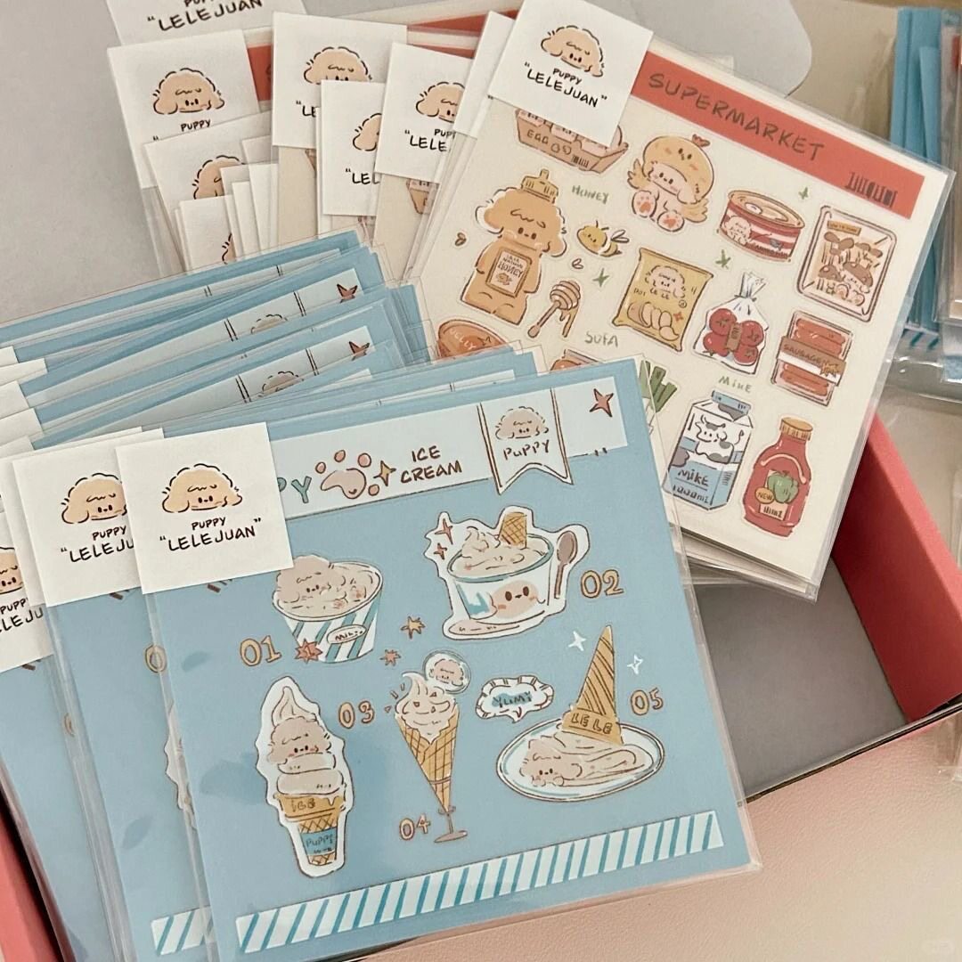 可爱零食小狗ins果冻贴纸冰淇淋甜筒高颜值背胶diy平板手机手帐