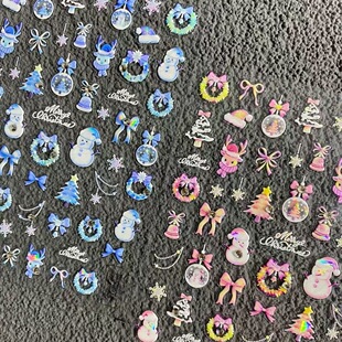 圣诞节爆款浮雕水晶粉小雪人美甲贴纸防水背胶冬日雪屋DIY装饰贴