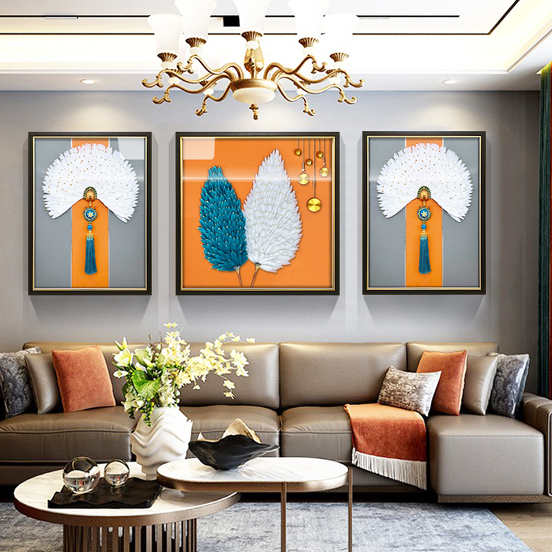 三联现代简约3d立体极简轻奢羽毛实物装饰画孔雀吊坠客厅墙壁挂画图片