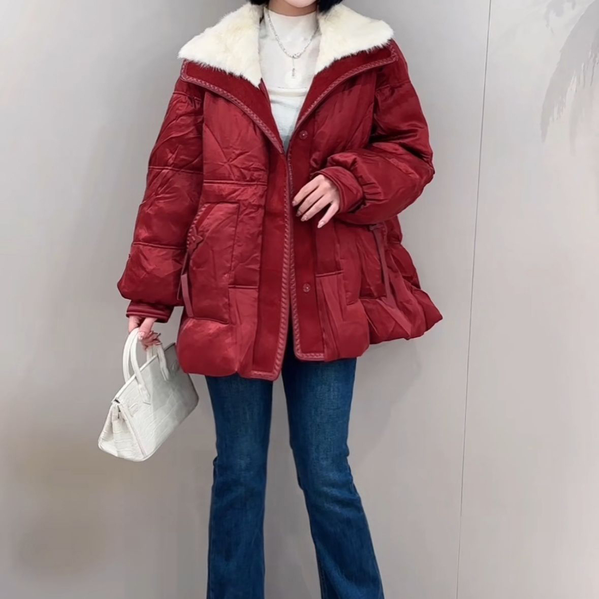 特价 福利 米可 红色水貂毛领翻领中长款羽绒服女宽松百搭外套