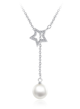 韩版镶钻五角星月亮珍珠银饰项链