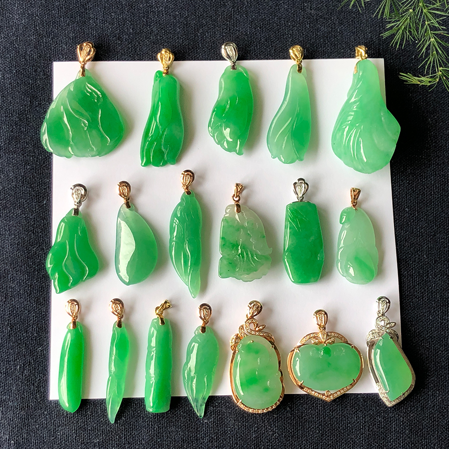 天然翡翠玉吊坠冰种阳绿福瓜如意兰花荷叶竹节福豆18K金镶嵌定制