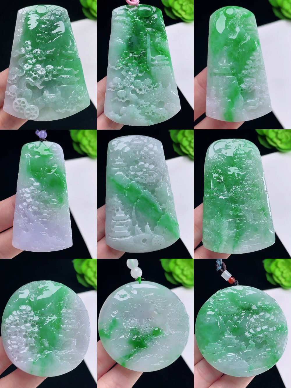 天然a货缅甸翡翠玉山水牌吊坠 冰糯种飘绿阳绿圆形长方形山水牌子