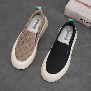 帆布鞋男款2026正流行厚底高级感一脚蹬布鞋透气布面格子休闲潮流