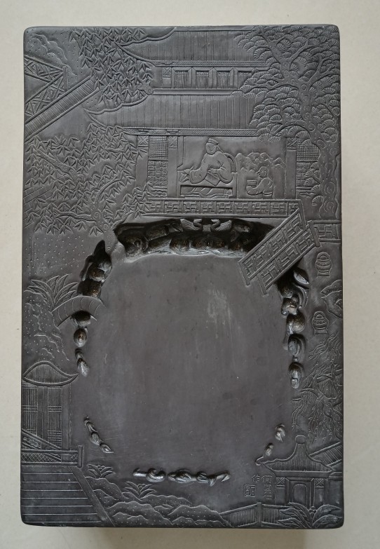 何其仁作款仿古兰亭砚台带木盖28.8*18.2*8.4重十几斤