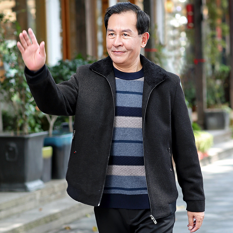 中老年男士翻领夹克加绒加厚保暖商务休闲外套爸爸装呢子外套