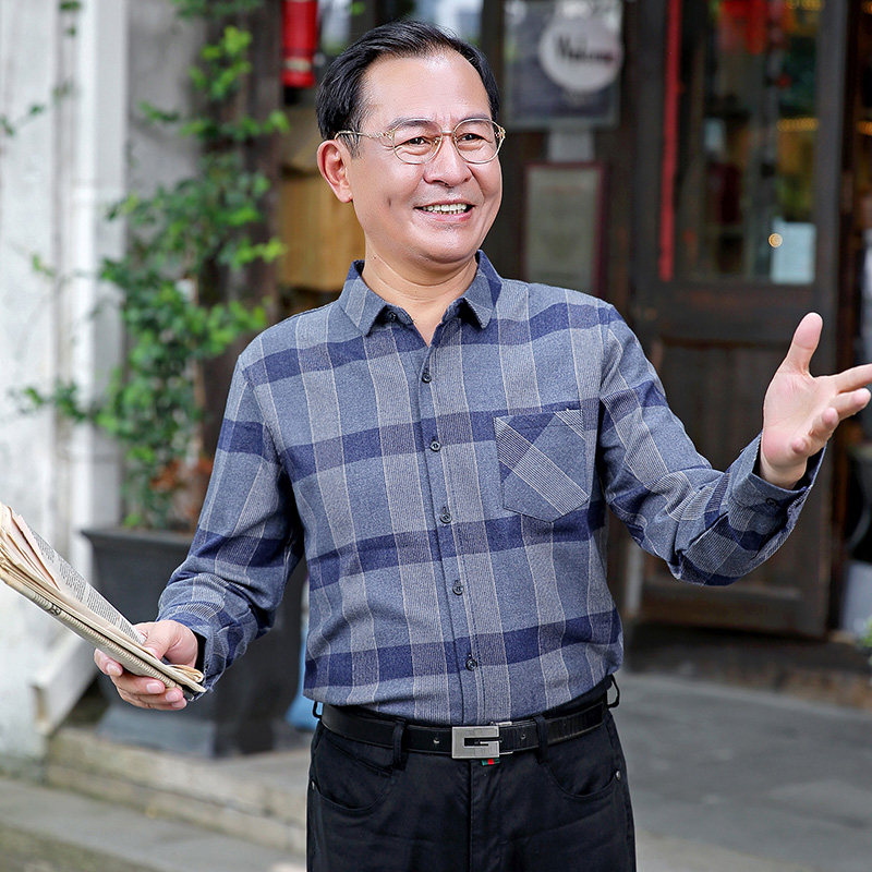 秋季中年男士厚款商务休闲大码长袖衬衫父亲中老年爸爸装格子衬衣