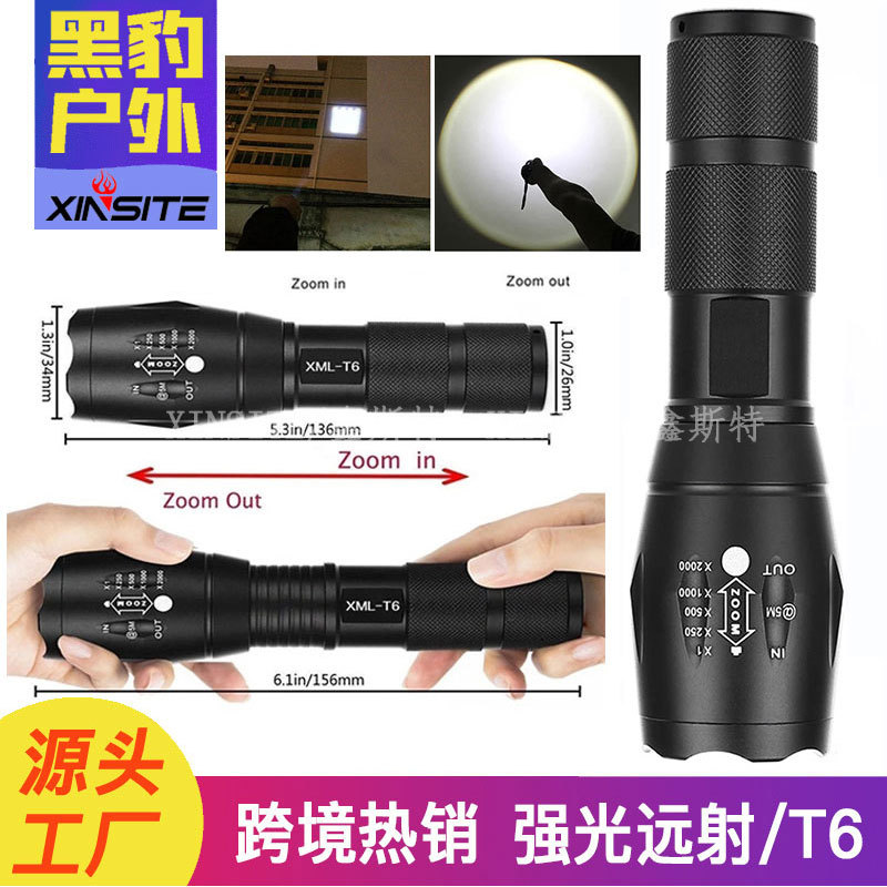 爆款A100户外led手电筒T6充电变焦迷你强光手电筒Temu