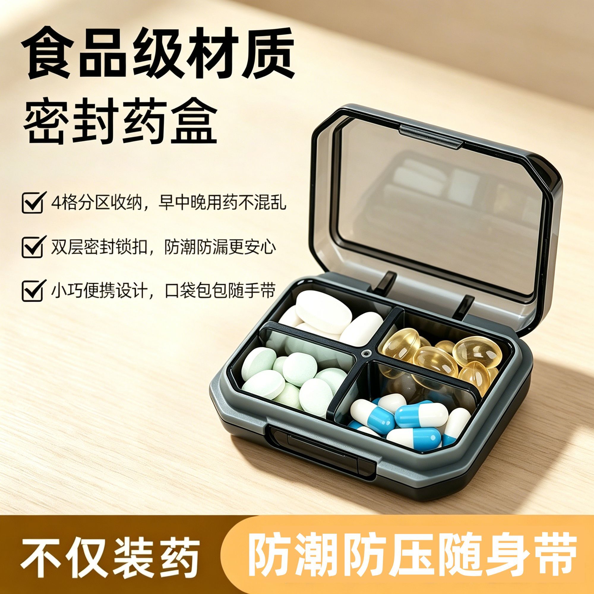 收纳盒抗压密封分格便携药盒
