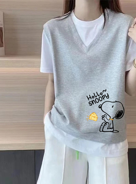 外贸出口品牌清仓100%纯棉假两件短袖T恤女夏装宽松拼接休闲上衣