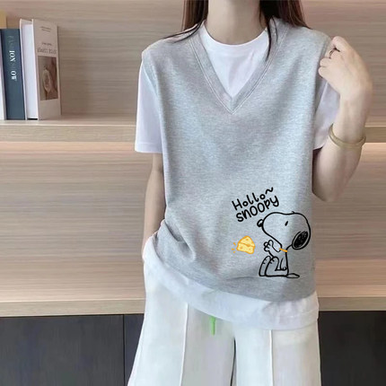 外贸出口品牌清仓100%纯棉假两件短袖T恤女夏装宽松拼接休闲上衣