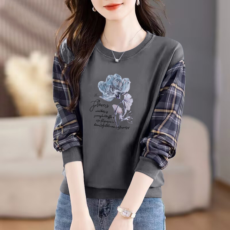 纯棉长袖气质拼接卫衣女打底上衣