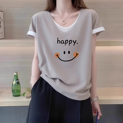 100%纯棉宽松假两件短袖T恤女夏