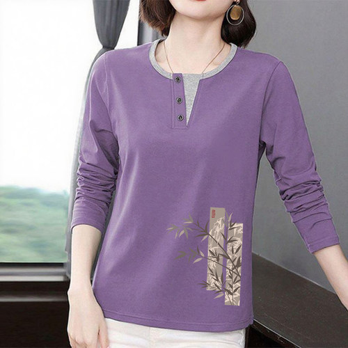 100%纯棉秋季拼接长袖t恤女上衣