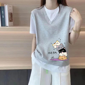 外贸清仓大牌捡漏100%纯棉假两件撞色短袖 t恤女夏季 休闲减龄上衣