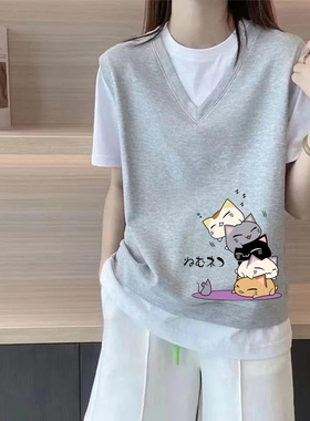 外贸清仓大牌捡漏100%纯棉假两件撞色短袖t恤女夏季休闲减龄上衣