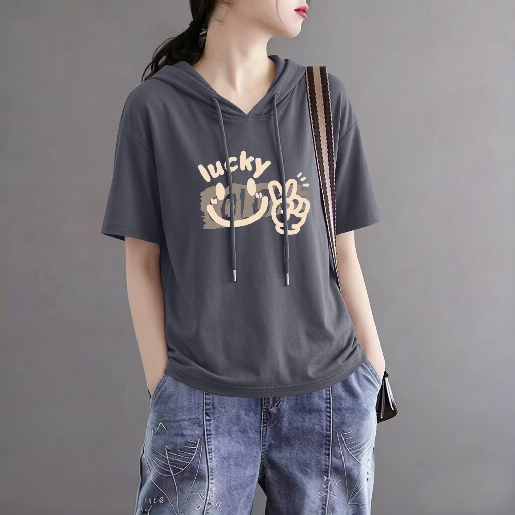 外贸出口清仓100%纯棉连帽短袖上衣女夏季新款带帽打底衫气质t恤