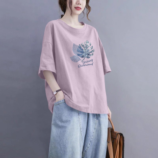 外贸出口清仓100%纯棉短袖 上衣夏 t恤女气质休闲落肩宽松百搭半袖