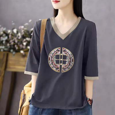 100%纯棉V领短袖T恤女上衣
