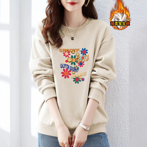 纯棉长袖卫衣女加绒加厚打底上衣