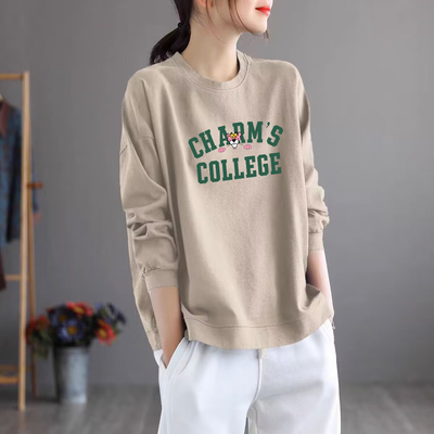 清仓外贸~品牌女装圆领纯棉100%休闲大码休闲上衣减气质长袖t体恤