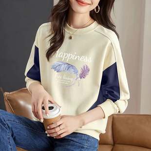 外贸品牌出口纯棉时尚 宽松打底上衣 休闲撞色气质卫衣女春秋冬长袖