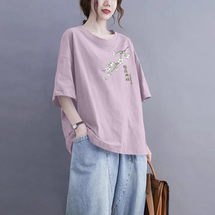宽松百搭印花上衣ins潮 品牌清仓外贸出口100%纯棉气质T恤女夏短袖