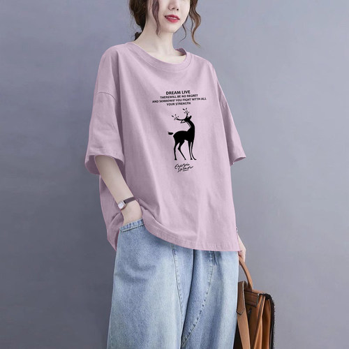 100%纯棉紫色宽松短袖t恤上衣