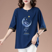 外贸清仓出口100%纯棉春夏中袖 T恤女宽松圆领洋气减龄七分袖 上衣