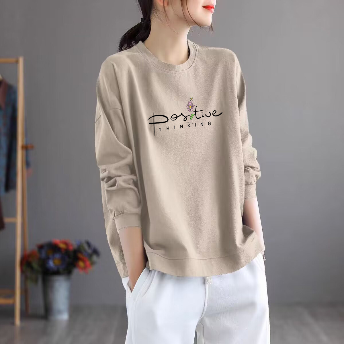 品牌外贸出口100%纯棉气质长袖打底t恤女宽松休闲春秋时尚上衣潮