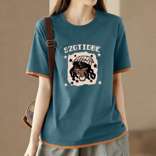 上衣女 拼接时尚 外贸出口100%纯棉短袖 T恤宽松遮肚气质百休闲夏季