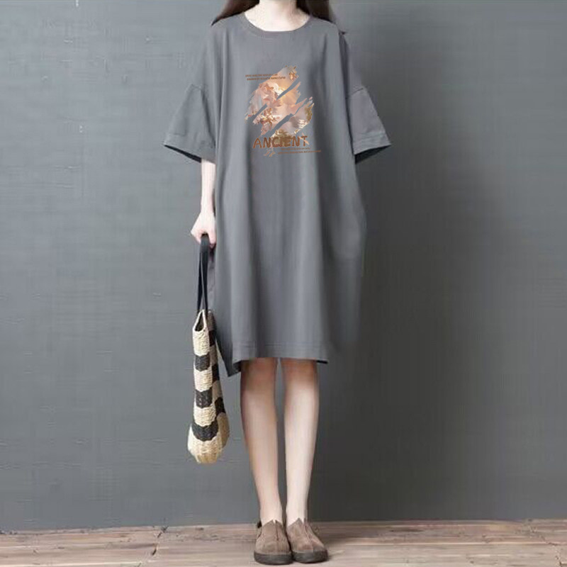 外贸出口清仓100%纯棉休闲短袖t恤连衣裙女夏季宽松中长款上衣裙