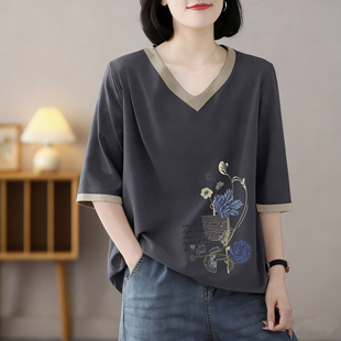 拼接上衣 宽松半袖 外贸出口清仓100%纯棉短袖 气质t恤女夏2026新款