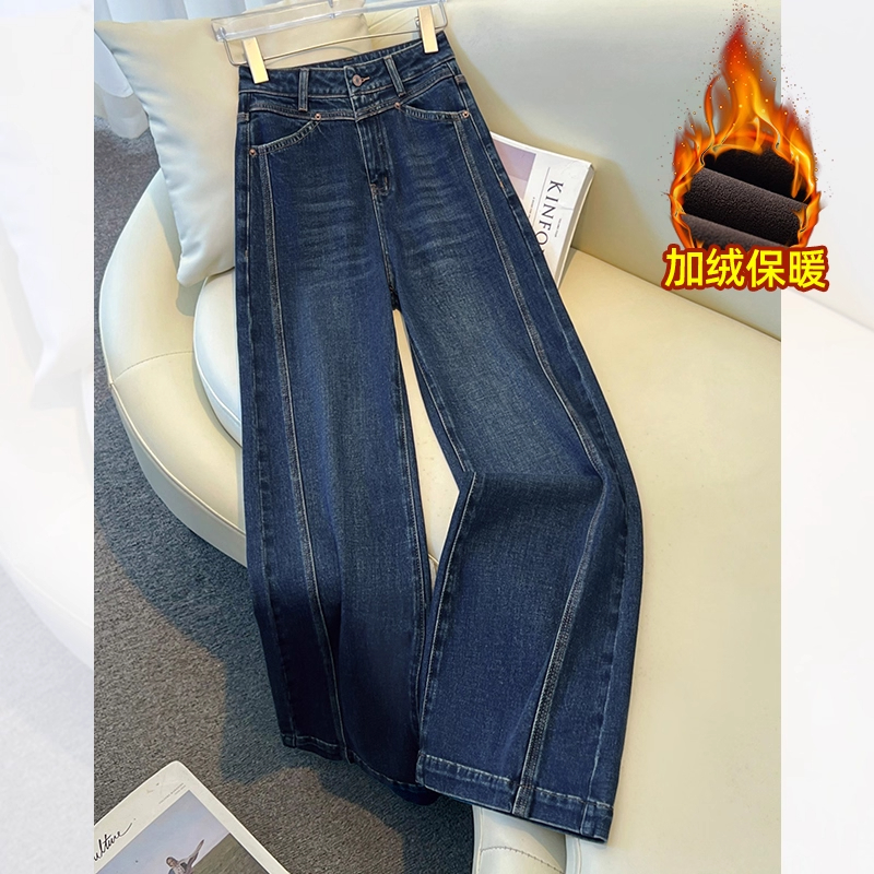 品牌高档阔腿牛仔裤女秋冬2025新款复古设计感加绒窄版九分直筒裤