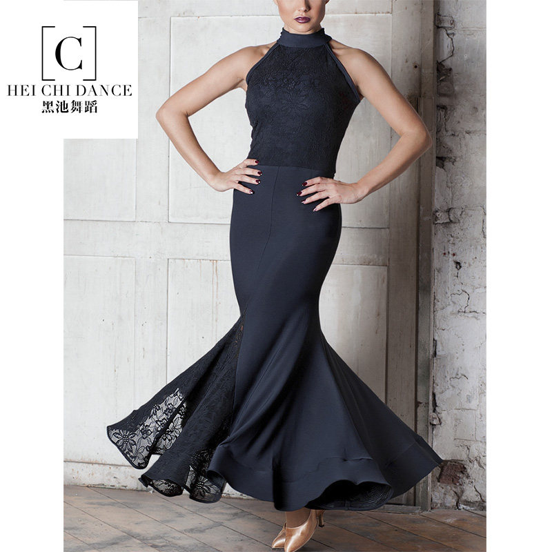 黑池夏季新款无袖削肩蕾丝摩登舞交谊舞练习表大摆演连衣裙w17009