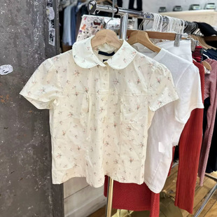 Brandy Girl美式复古碎花娃娃领短袖衬衫bm收腰显瘦纯欲百搭上衣