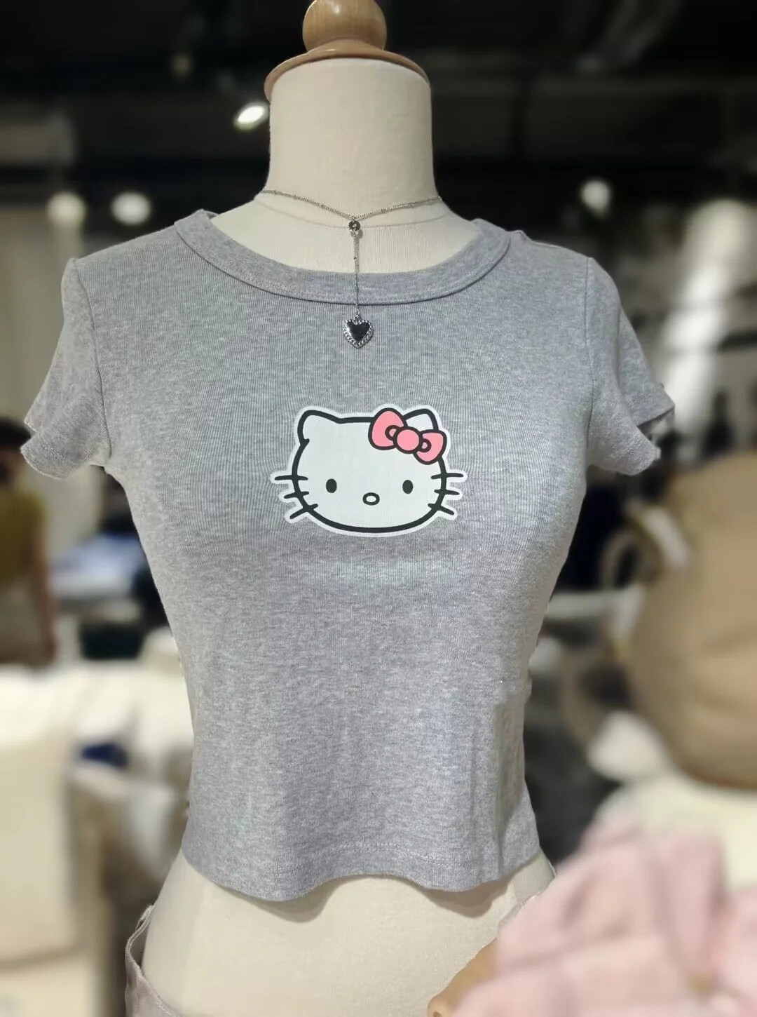 Brandy Girl美式复古卡通猫咪印花灰色短袖T恤bm显瘦百搭可爱上衣