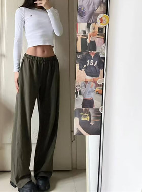 Brandy Girl美式复古军绿色阔腿裤bm风宽松显瘦百搭休闲裤卫裤女